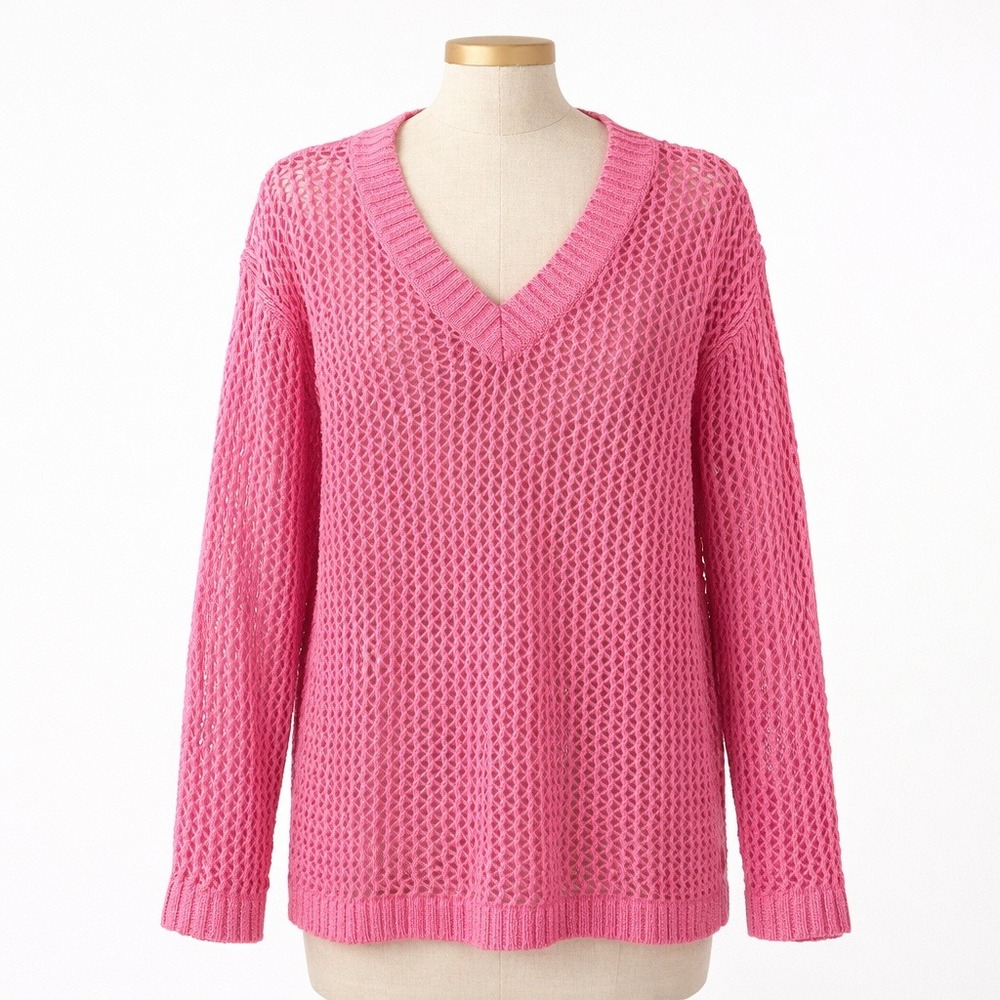 Open Knit Mesh 100% Cotton Sweater Size L Pink Layering Coquette Preppy‎ Beach